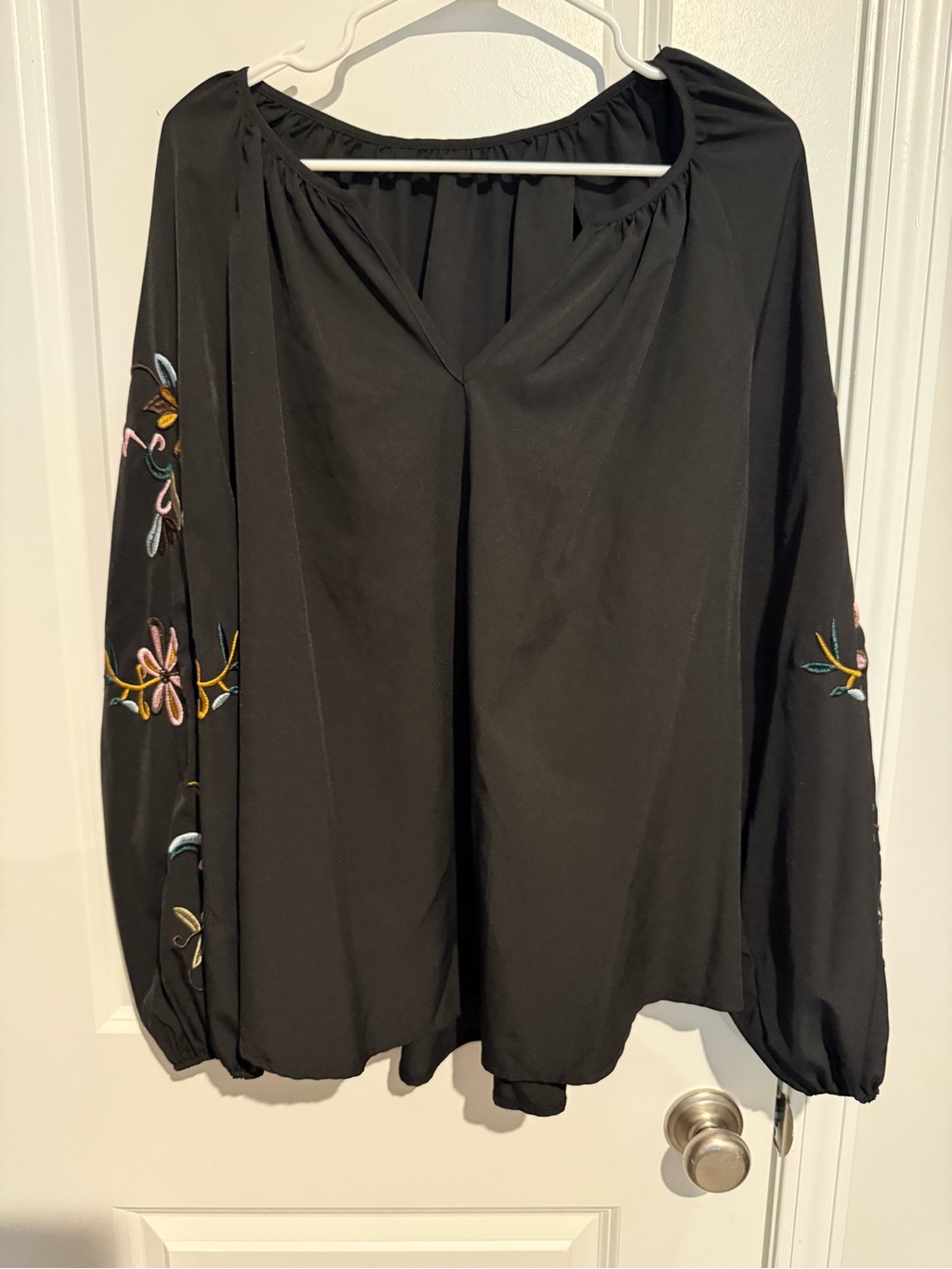 SHEIN Black Peasant Blouse with Multicolor Floral Sleeve Embroidery